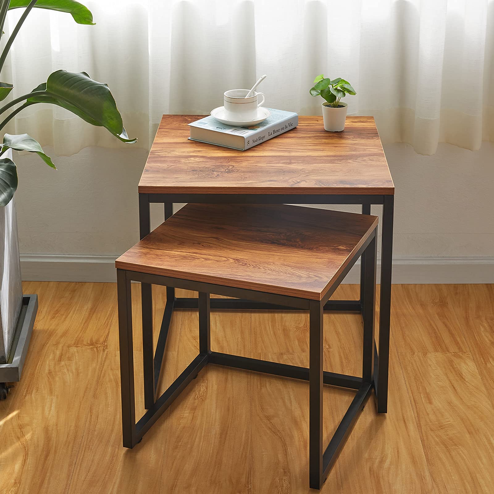 2 Set Wood Nesting Coffee Tables,Side Table for Living Room,Steel Frame