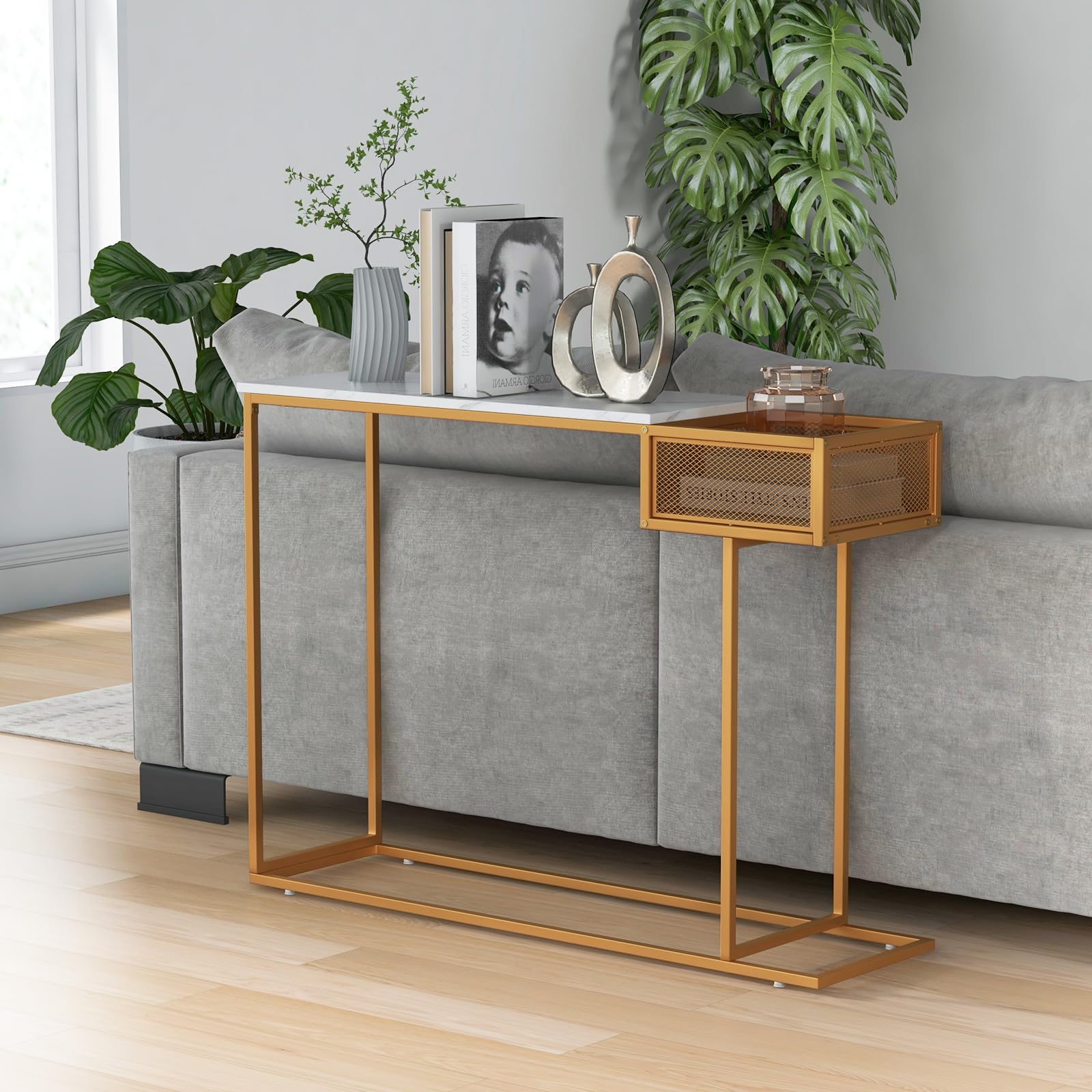 Console Table with Storage - Gold Sofa Table with Storage Basket, Sturdy Metal Frame,