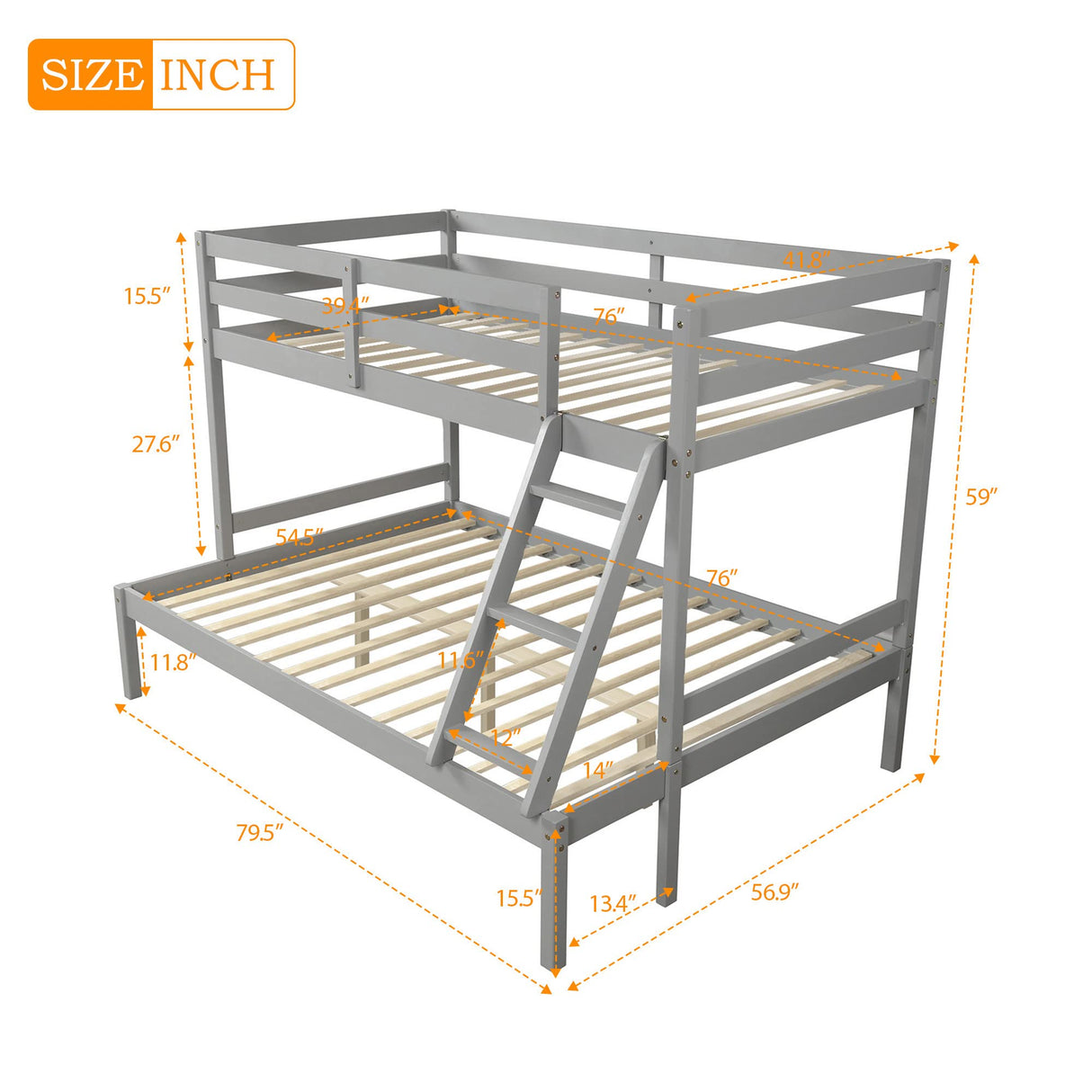 Twin Over Full Bunk Bed,Solid Pinewood Bedframe w/Safety Guardrails and Ladder