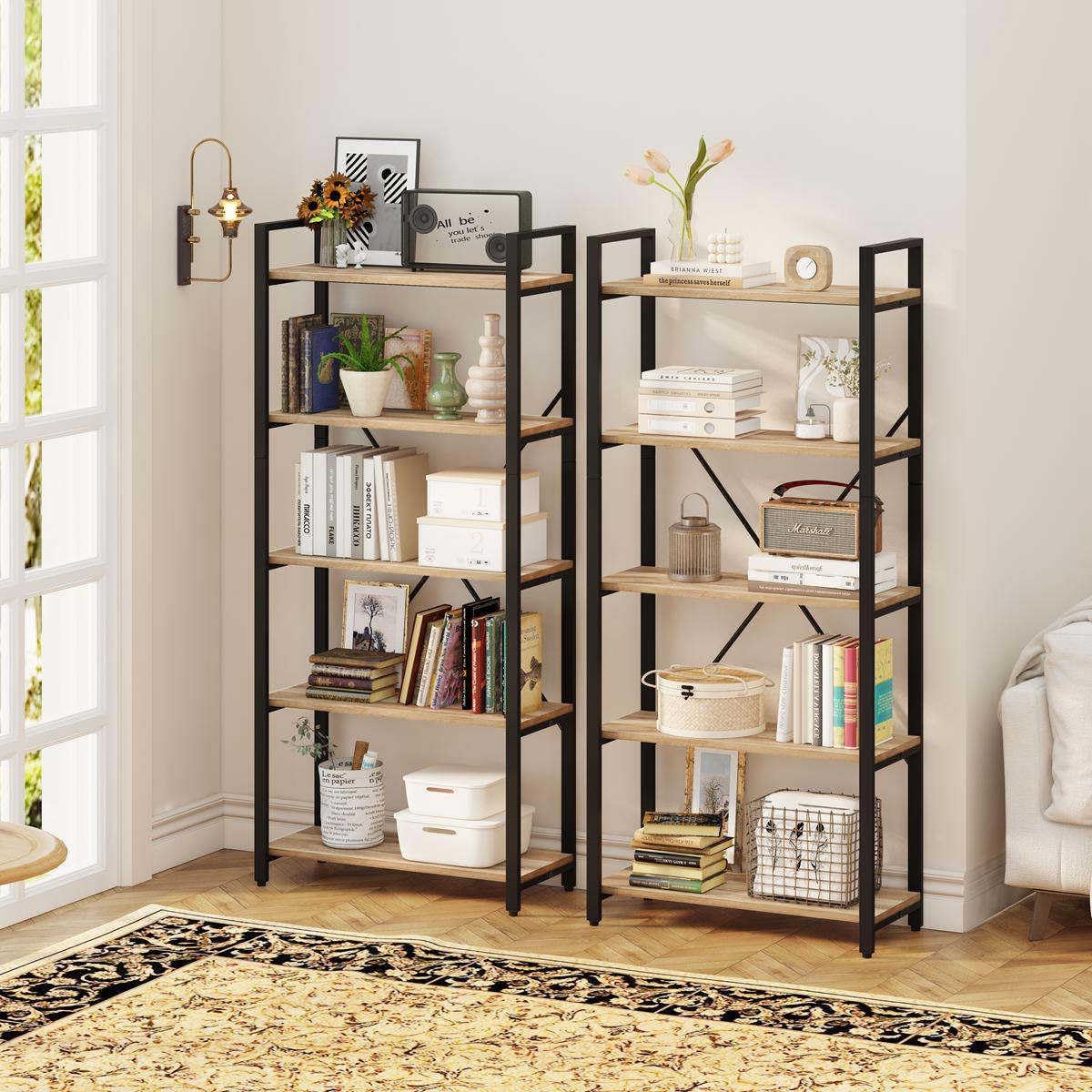 5 Tier Bookshelf, Industrial Wood and Metal Book Shelves for Display, Tall Etagere Bookcase and Rustic Shelving Unit (Rustic Oak)