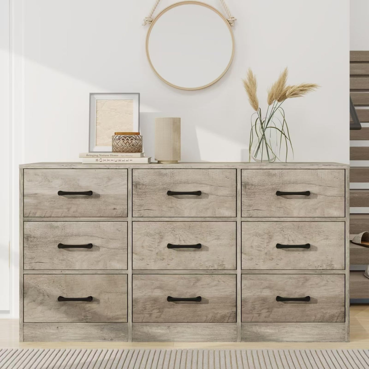 9 Drawer Dresser for Bedroom,Wood Chest of Drawers,Grey Dresser TV Stand with Steel Frame for Storage and Organization,Large Fabric Dresser for Kids Bedroom,Living Room,Nursery,Closet