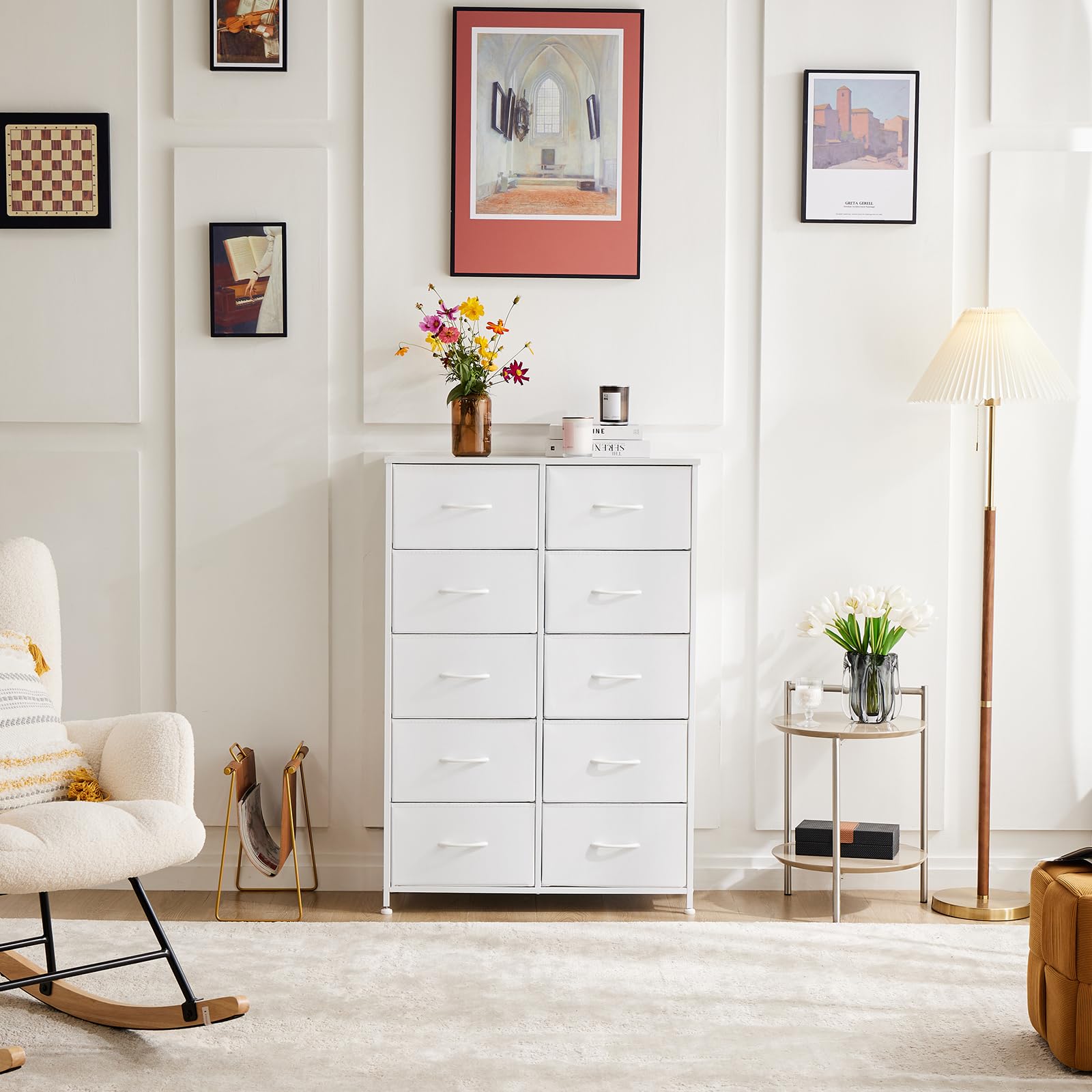 Dresser for Bedroom Storage Tower, Chest Fabric Bins Sturdy Metal Frame Wood Tabletop