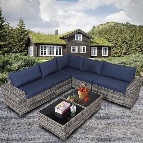 7 Piece Outdoor Wicker Patio Furniture Sectional Set, Wide Handrail Modular Conversation