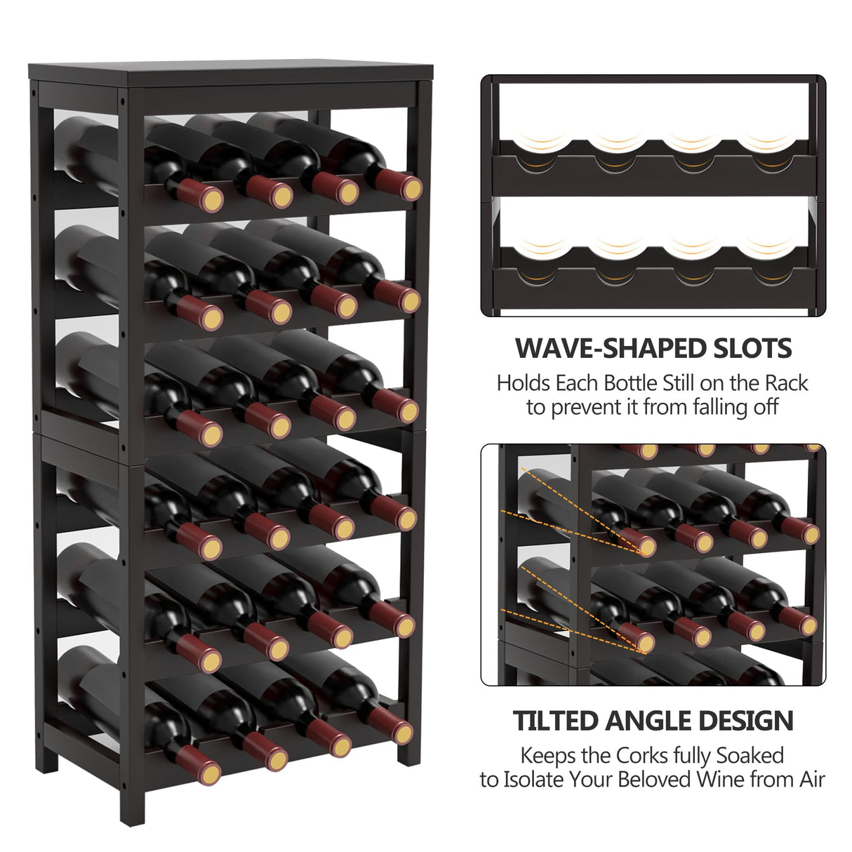 24-Bottle Wine Rack Freestanding Floor, 6-Tier Bamboo Wine Display Rack Storage Shelf