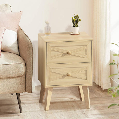 Nightstand, Natural End Table with 2 Drawers Barn Door Decorated, Mid Century Modern