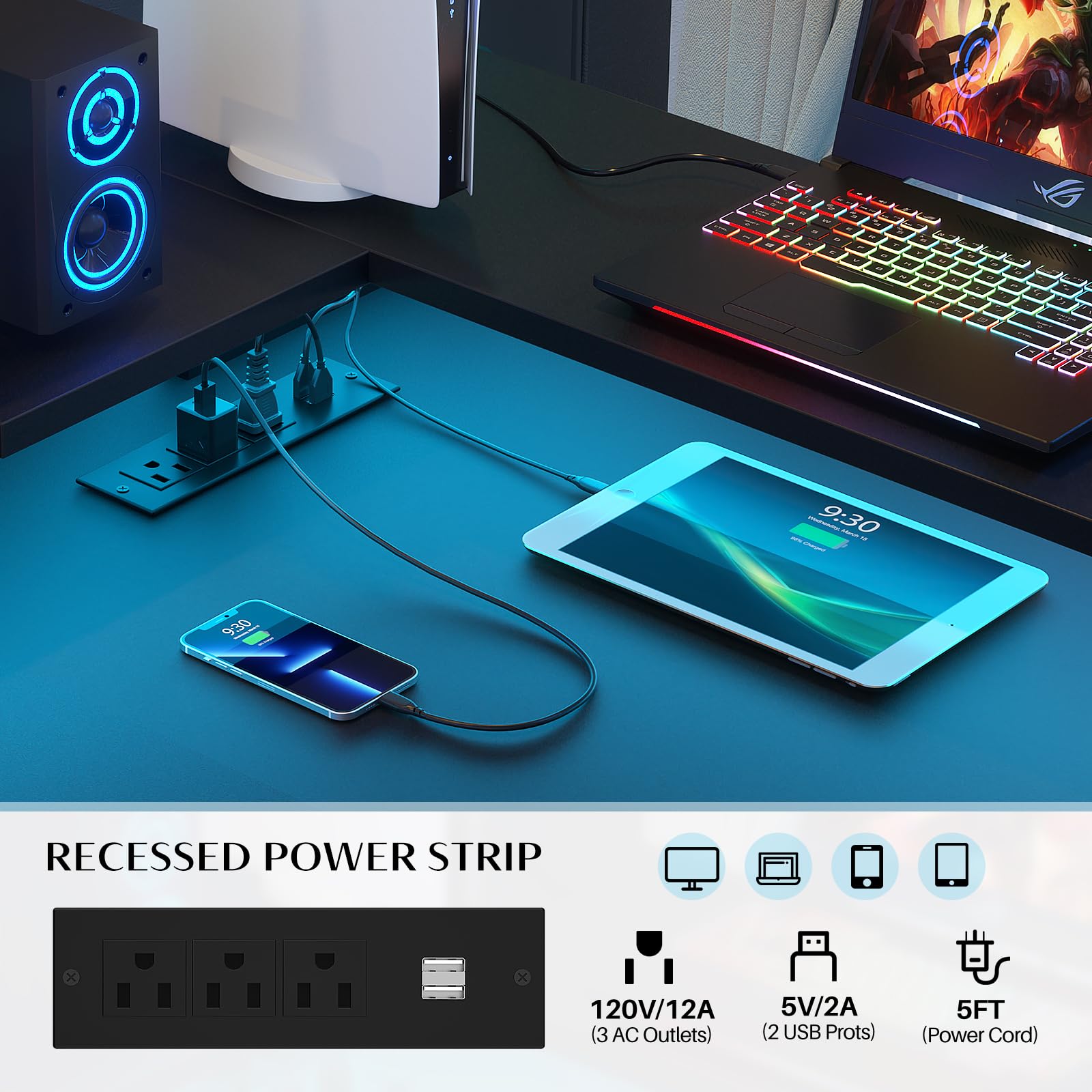 L Shaped Desk with Power Outlet and LED Strip, Reversible L Shaped Computer Desk