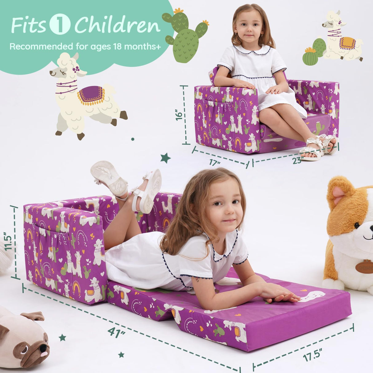 ACRABROS Kids Couch: Toddler Sofa Bed Fold Out for Gilrs Boys Baby Flip Out Convertible Lounge Chair Alpaca