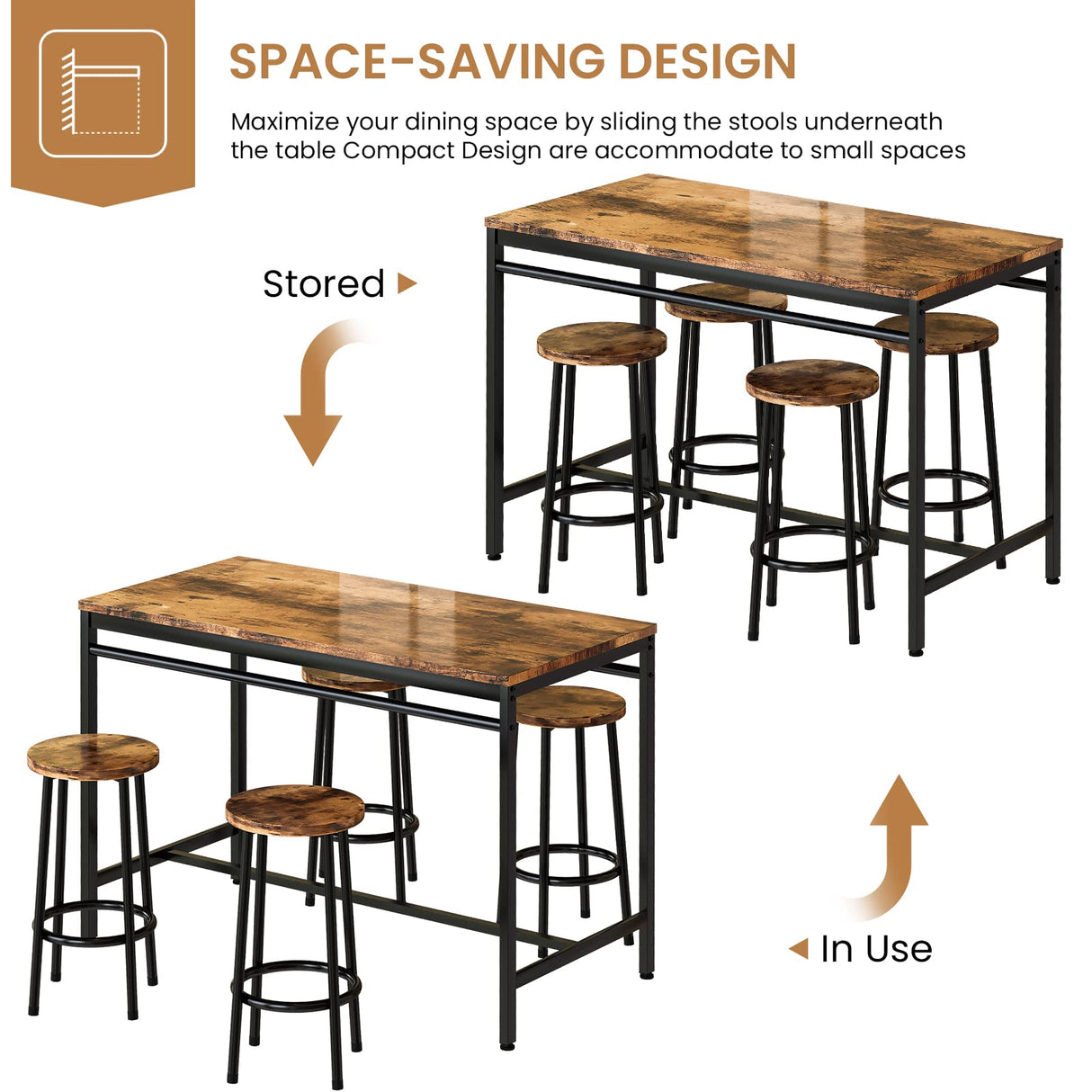 5-Piece Dining Table Set, Kitchen Table and Chairs Set for 4, Industrial Outdoor Bar Table