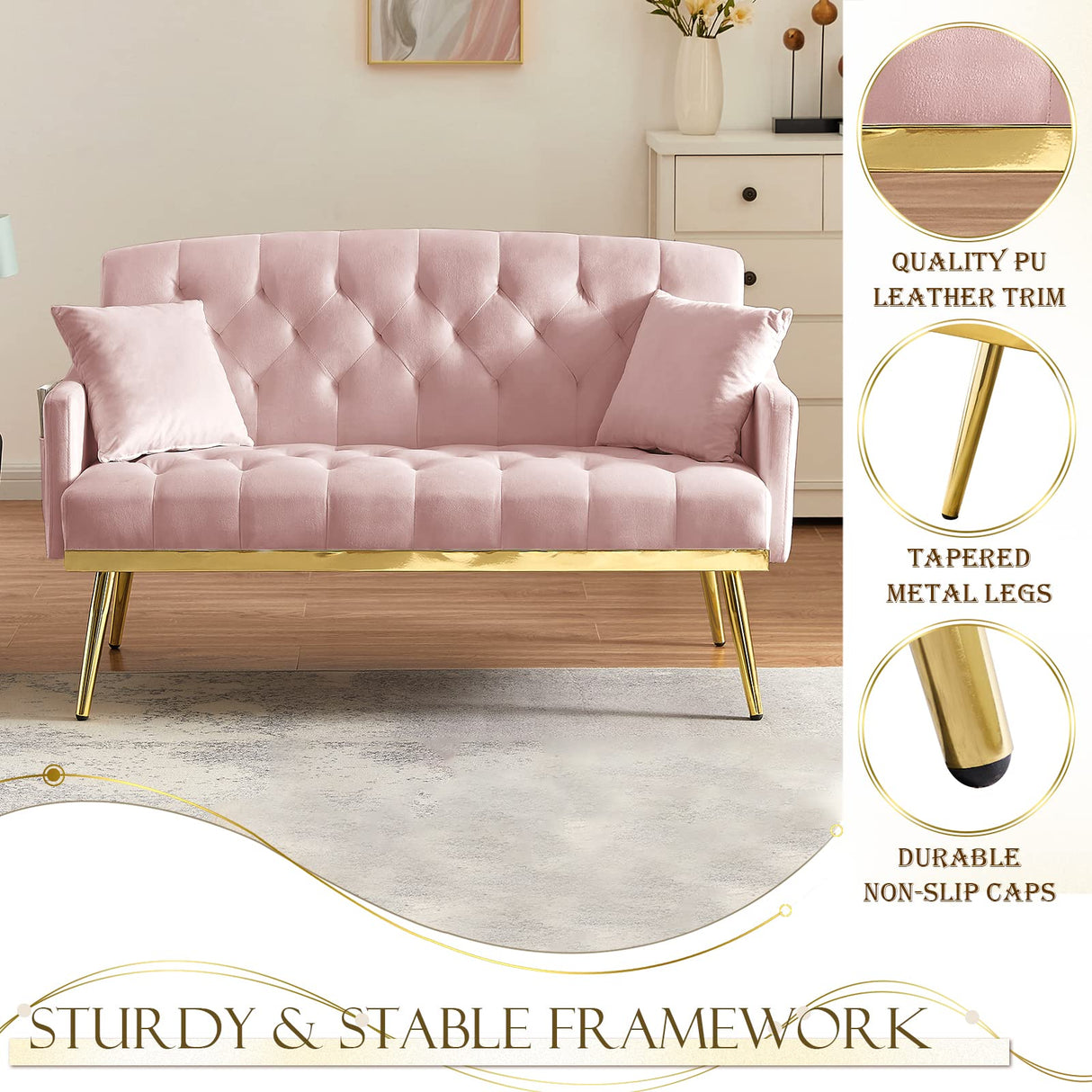 Velvet Loveseat Sofa, Modern Small Sofa Couch with Side Pocket and Golden Metal Legs, Tufted Leisure Sofa for Living Room, Bedroom, Office, Pink