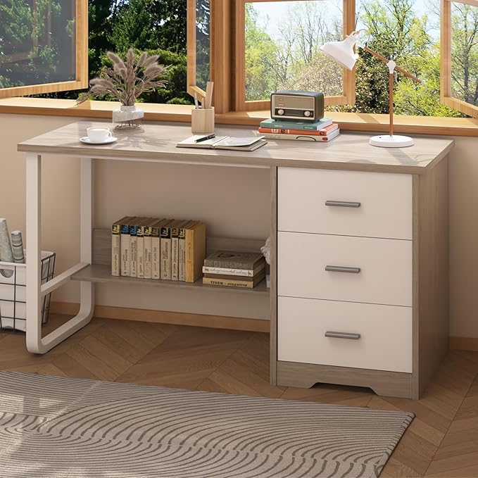 White Desk with Drawers, Small Desk for Bedroom, 47 Inch White Desk with Storage