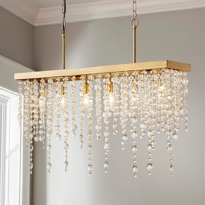 6-Lights Gold Chandeliers for Dining Room, Modern Crystal Pendant Light Fixture,