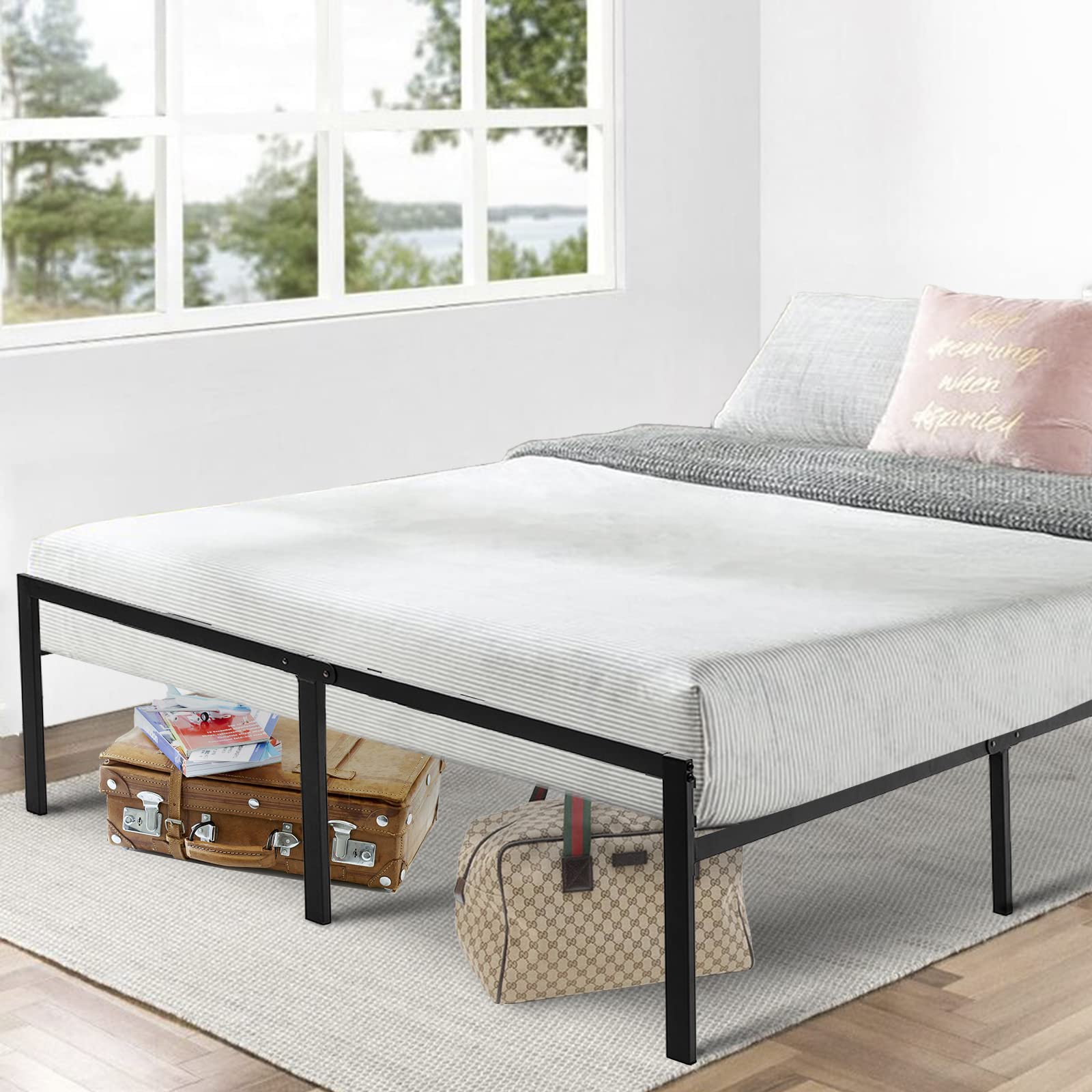 Metal Bed Frame Queen - Black Metal Platform Bed 14 Inch with Storage