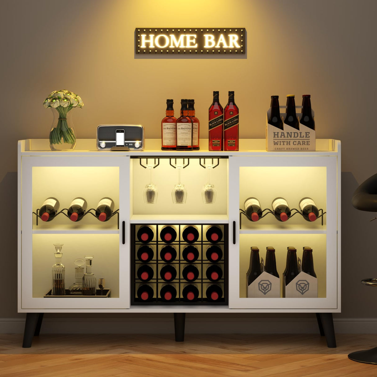 Wine Bar Cabinet with LED Light, Home Coffee Cabinet with Wine Rack and Glass Holder