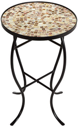 Teal Island Designs Mother of Pearl Modern Black Metal Round Outdoor Accent Side Table 14" Wide Natural Mosaic Tile Tabletop Gracefully Curved Legs for Spaces Porch Patio Home House Balcony Deck - Bircata