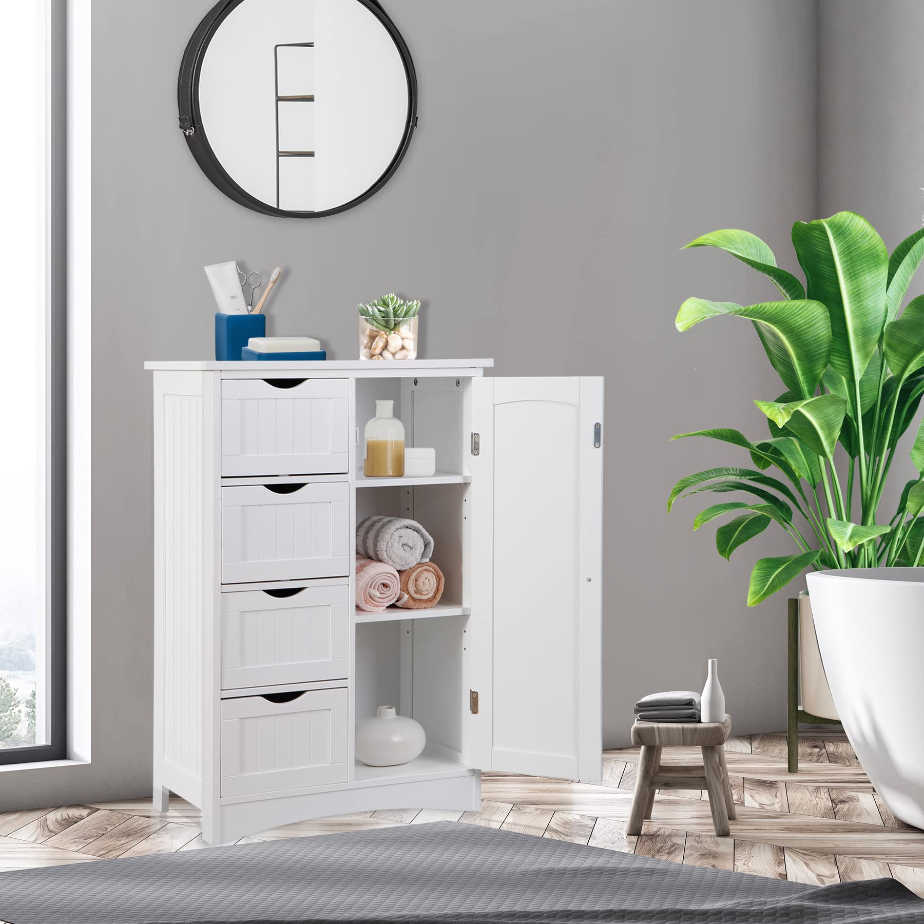 Bathroom Floor Storage Cabinet, Side Organizer with 4 Drawers and 1 Cupboard, Adjustable Shelf Freestanding