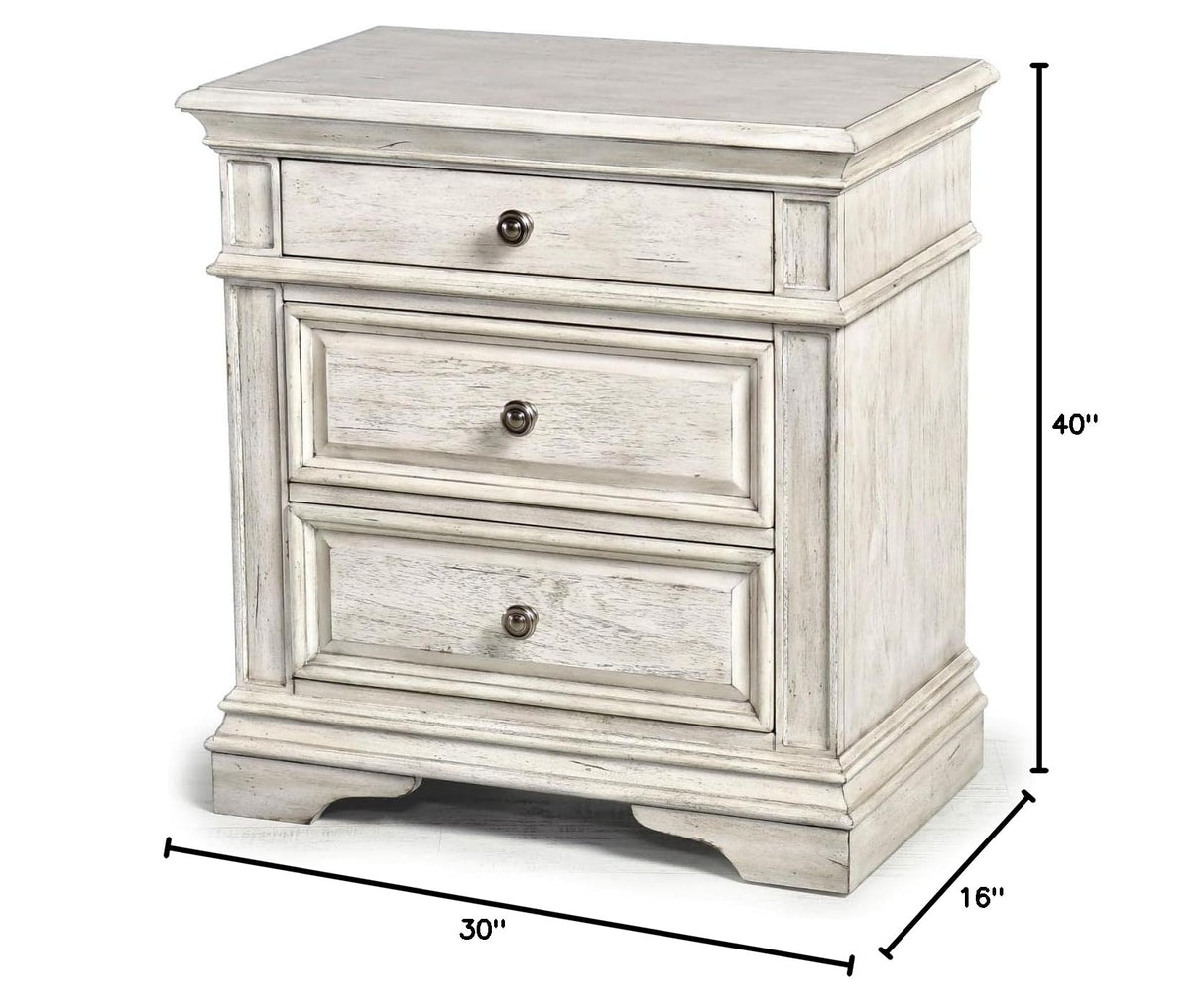 Highland Park Nightstand, Driftwood Finish, Nickle Hardware, 2 USB Charging Ports, 2 Full Size Drawers & 1 Half Size Drawer, Bedroom, 28" L x 17" D x 29.5" H, White