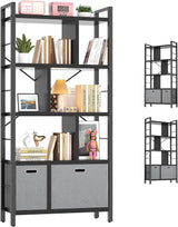 Tall Bookshelf with Drawers - 5 Tier Bookcase Modern Book Shelf Display Standing Shelf Units with Storage, Wood and Metal Bookshelves for Living Room, Bedroom, Home Office, Rustic Brown