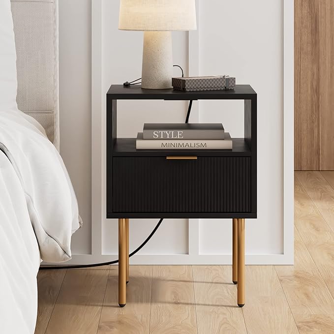 Charging Station,Mid-Century Modern Bedside Table with Storage Drawer and Open