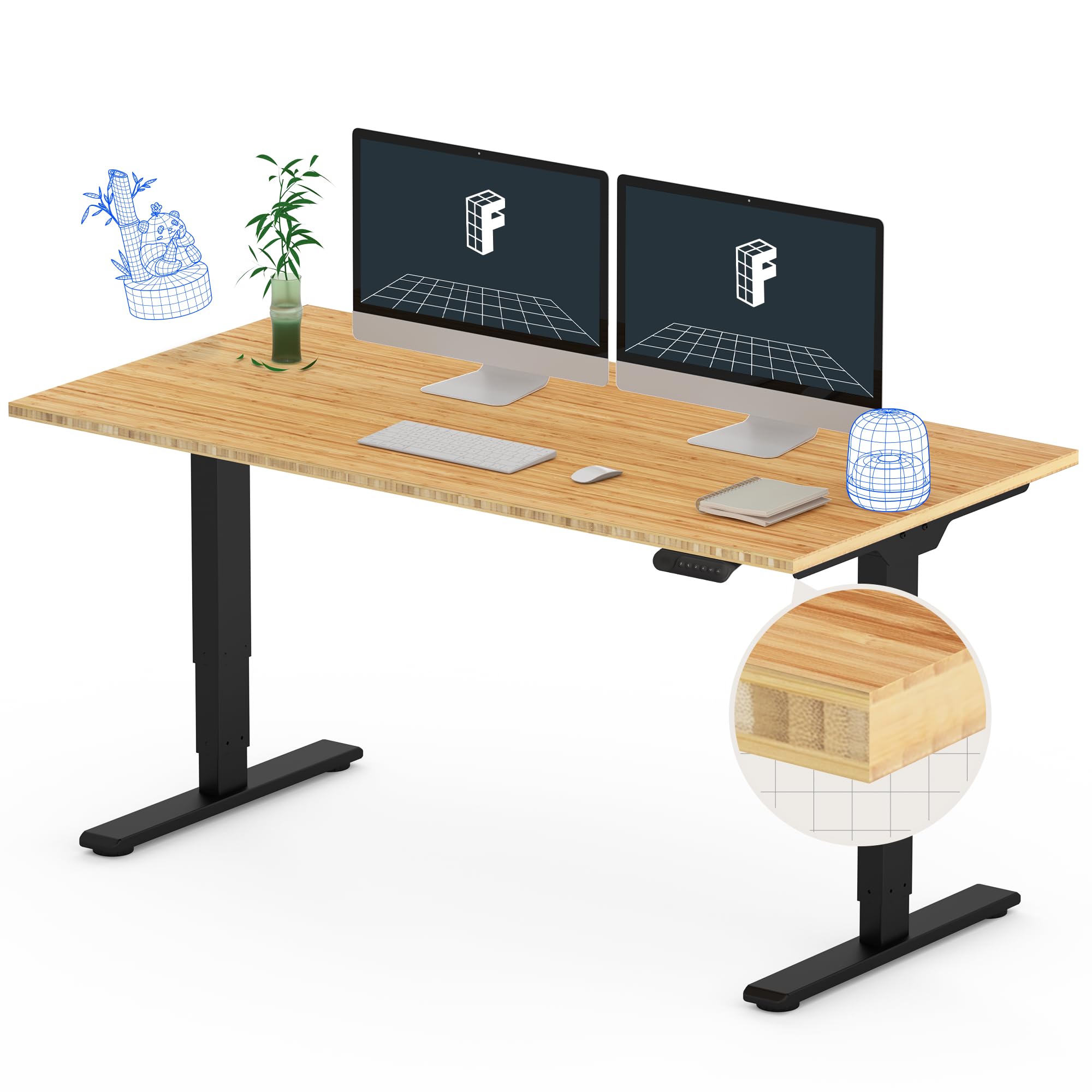 Pro Bamboo 3 Stages Dual Motor Electric Standing Desk 55x28 Inches