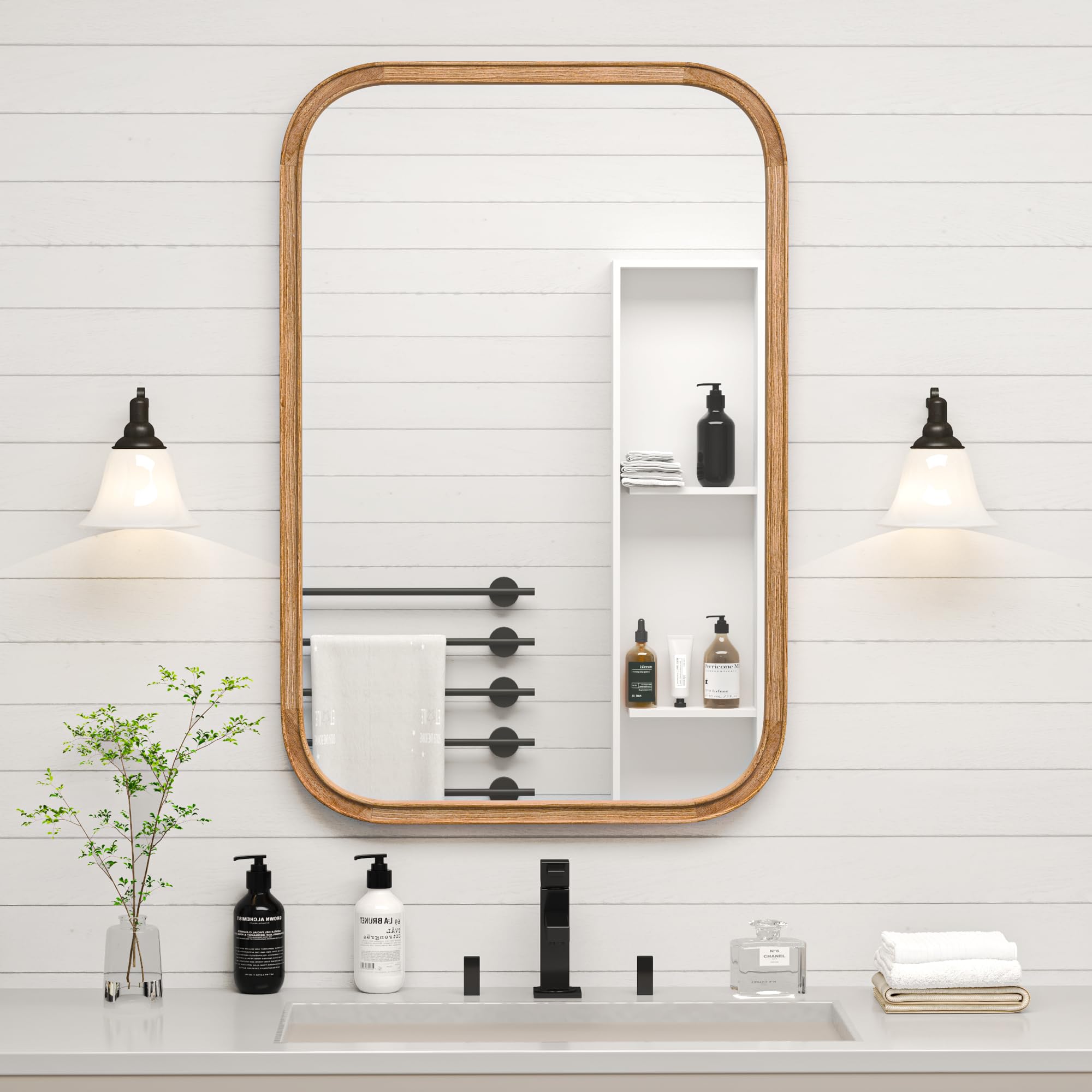 Acovy 24"x36" Solid Wood Bathroom Mirror Tempered Glass for Wall Mounted, Rustic Wood Frame Wall Mirror Decorative for Decor Living Room Bedroom Vanity Mirror Entryway Mirror, Brown