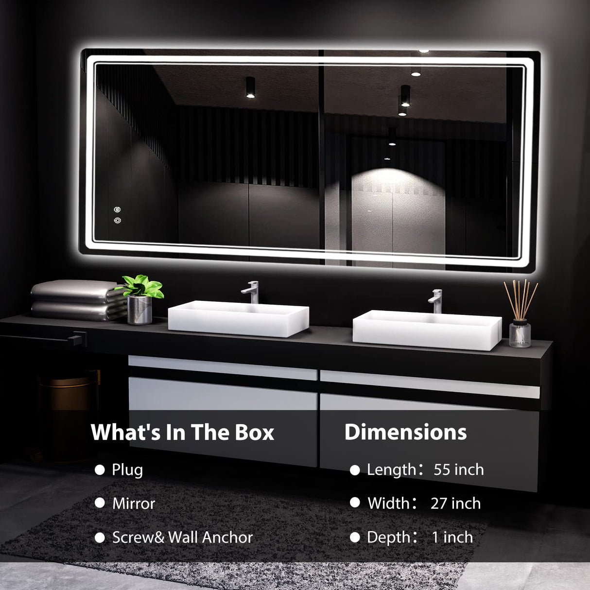 LED Bathroom Mirror 27x55 Inch with Adjustable Lighting & Anti-Fog