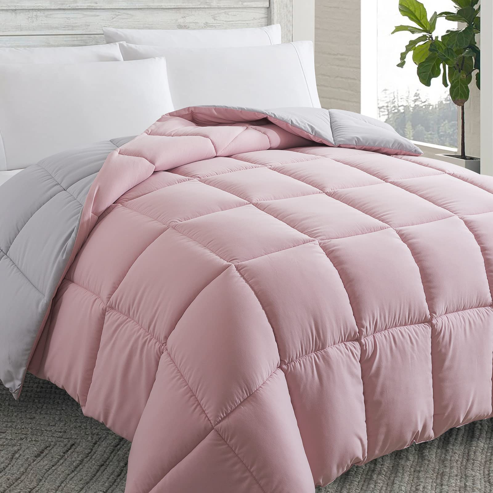 Down Alternative Comforter (Pink/Light Grey, Full) - All Season Soft Quilted Full Size Bed Comforter - Duvet Insert