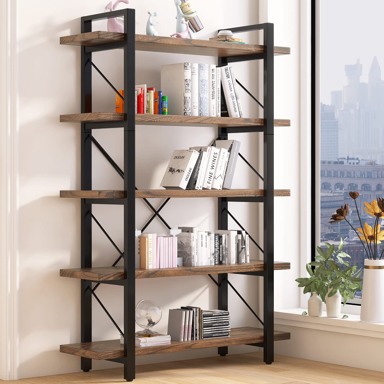 5-Tier Bookshelf Large Etagere Book Shelves,Industrial Style Bookcase and Book Shelves,Open Large Real Wood Bookshelfs,Retro Brown for Living Room Office, Retro Brown (LZ01-5tier-PLUS)