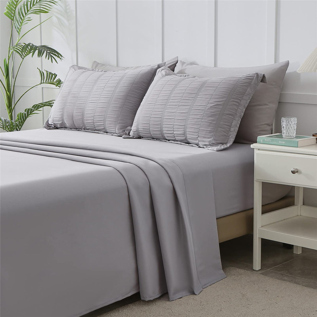 Grey Comforter Set King Size, 7 Piece Bed in a Bag Seersucker Comforter and Sheet Set, All Season Soft Microfiber Complete Bedding Set(Grey,King)