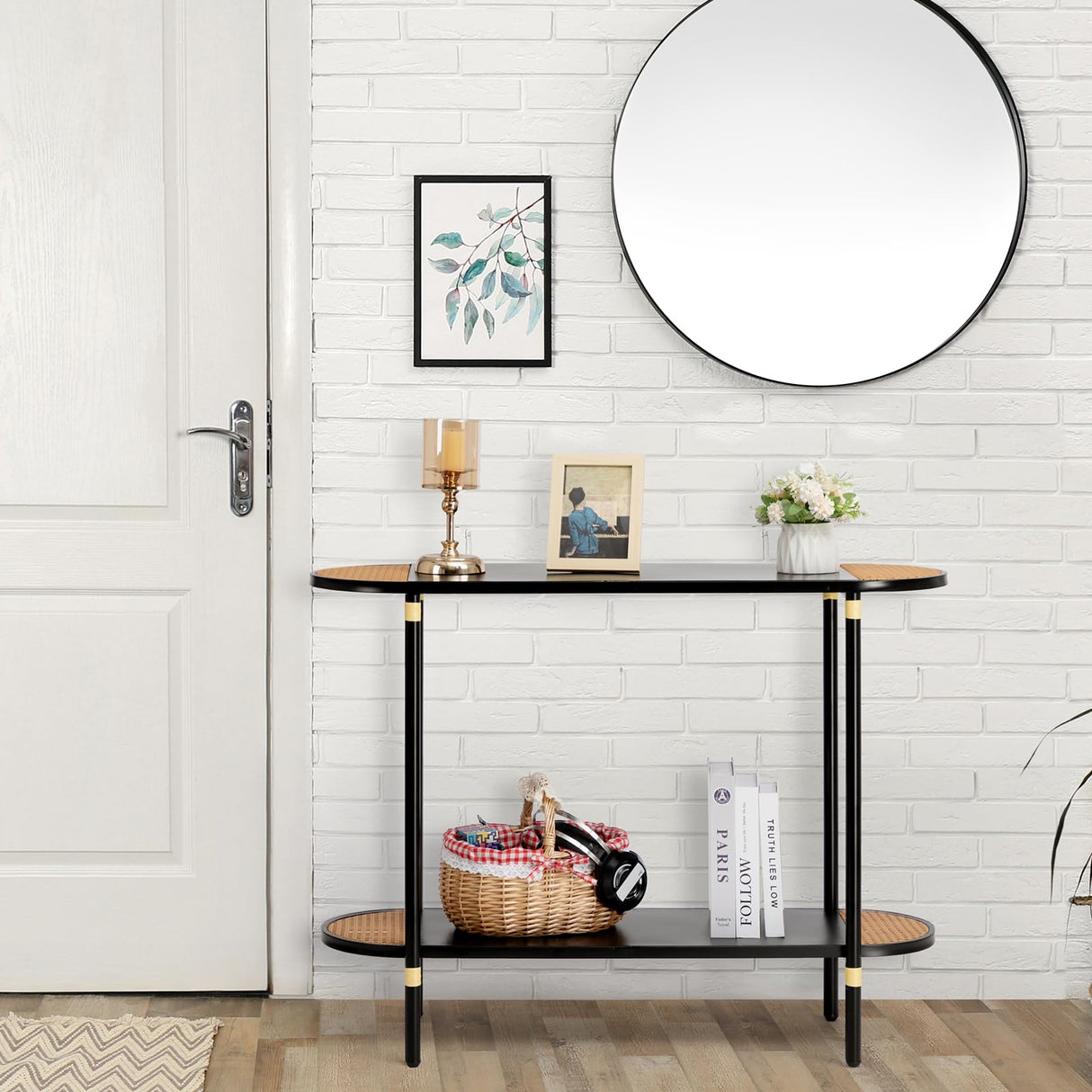 Black Metal Console Table with Rattan Decor, 2-Tier Entryway Table
