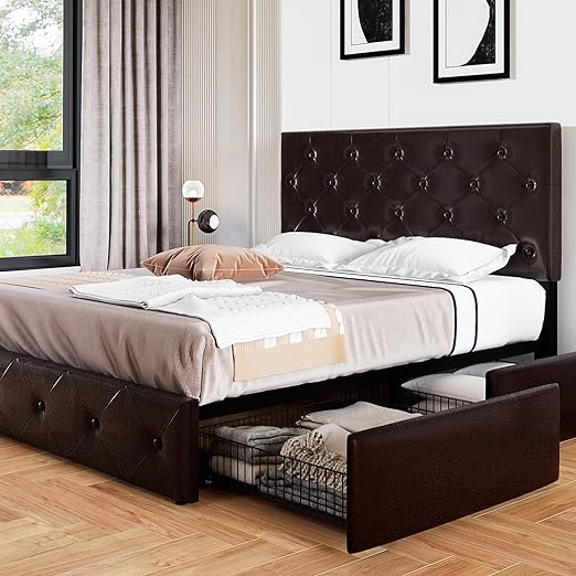 Upholstered Queen Size Platform Bed Frame with 4 Storage Drawers and Headboard