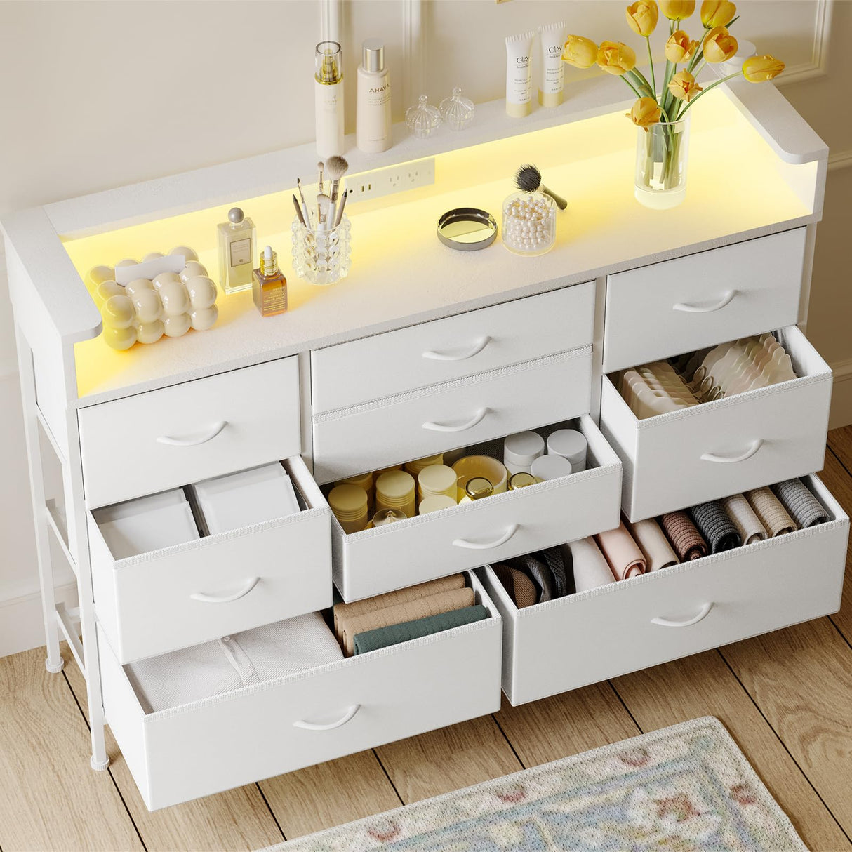 White LED Dresser for Bedroom, Dresser with 9 Drawers and Charging Station, Fabric