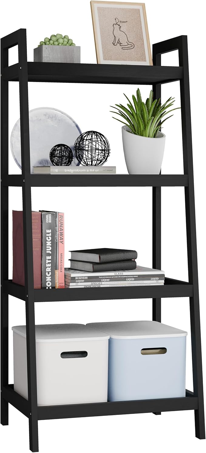 Ladder Shelf, 4 Tier Bamboo Bookshelf, Bathroom Storage Organizer Plant Display Stand, Freestanding Open Shelving Unit with Handles for Home Office (White)