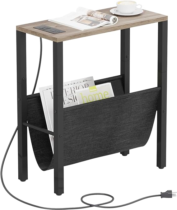 Narrow Side Table with Charging Station, Small End Table