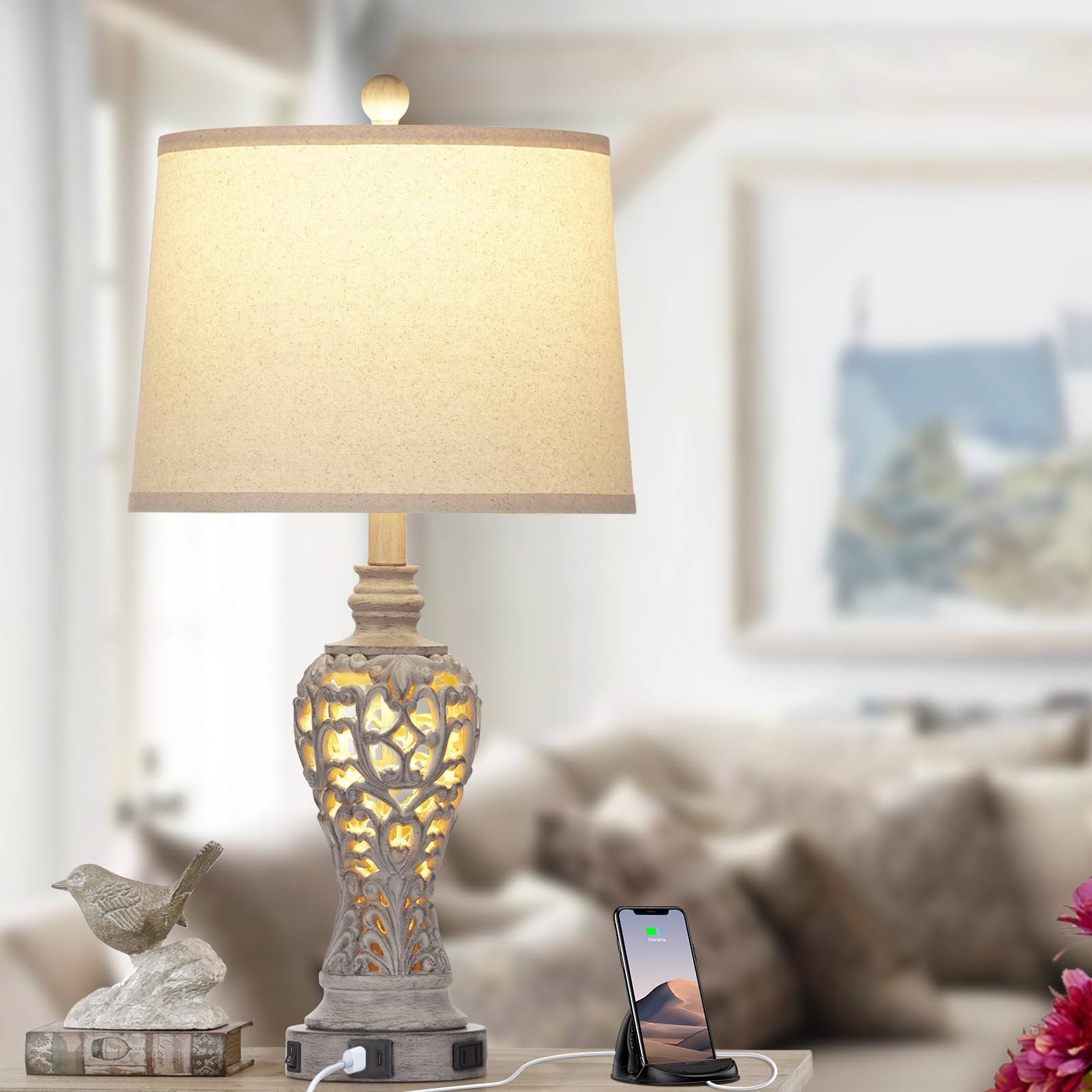 Farmhouse Table Lamps Set of 2 with Nightlight, Rustic Bedside Lamps