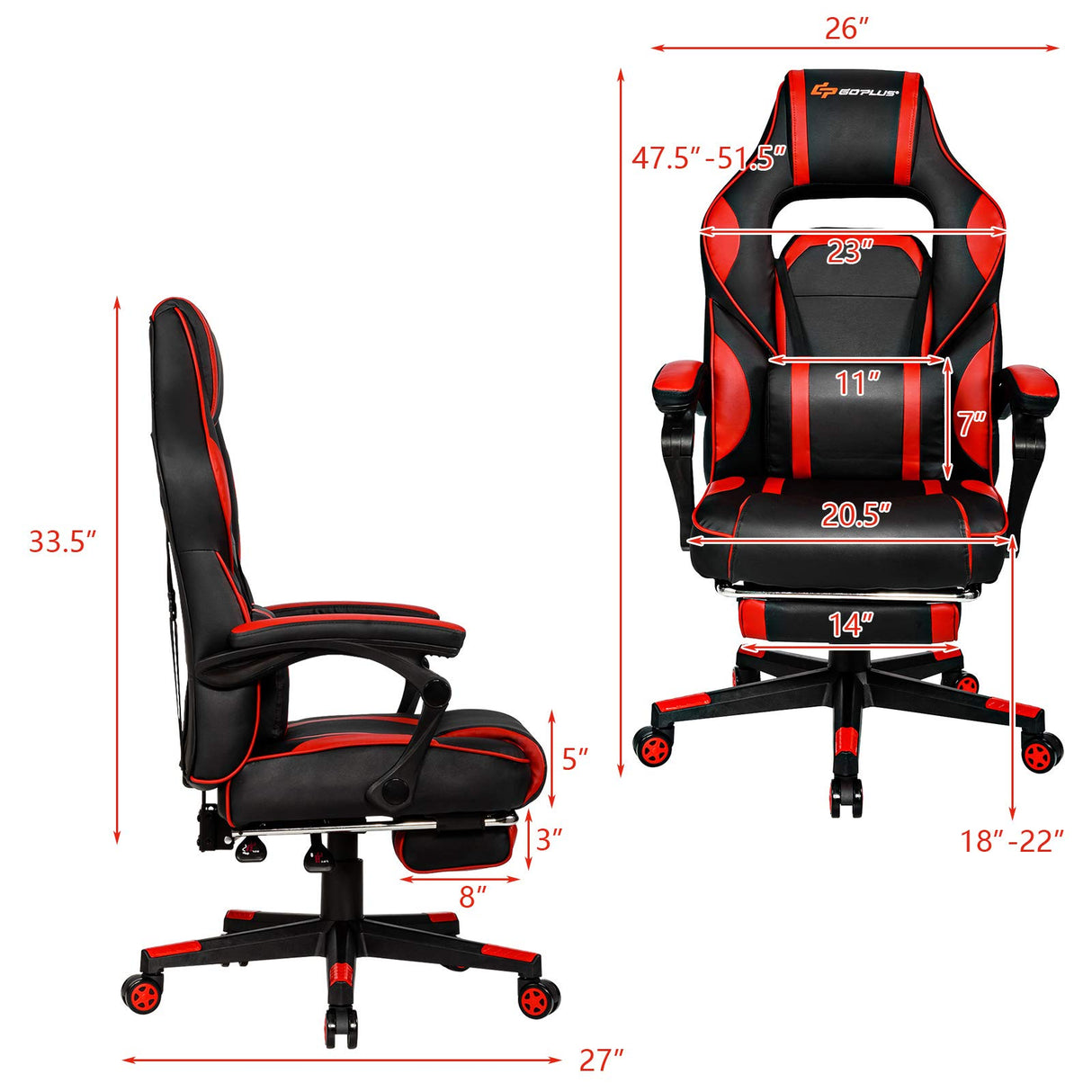 Goplus Massage Gaming Chair, Reclining Backrest, Seat Height Adjustment Racing Computer Office Chair with Footrest, Ergonomic High Back PU Swivel Game Chair (Red)