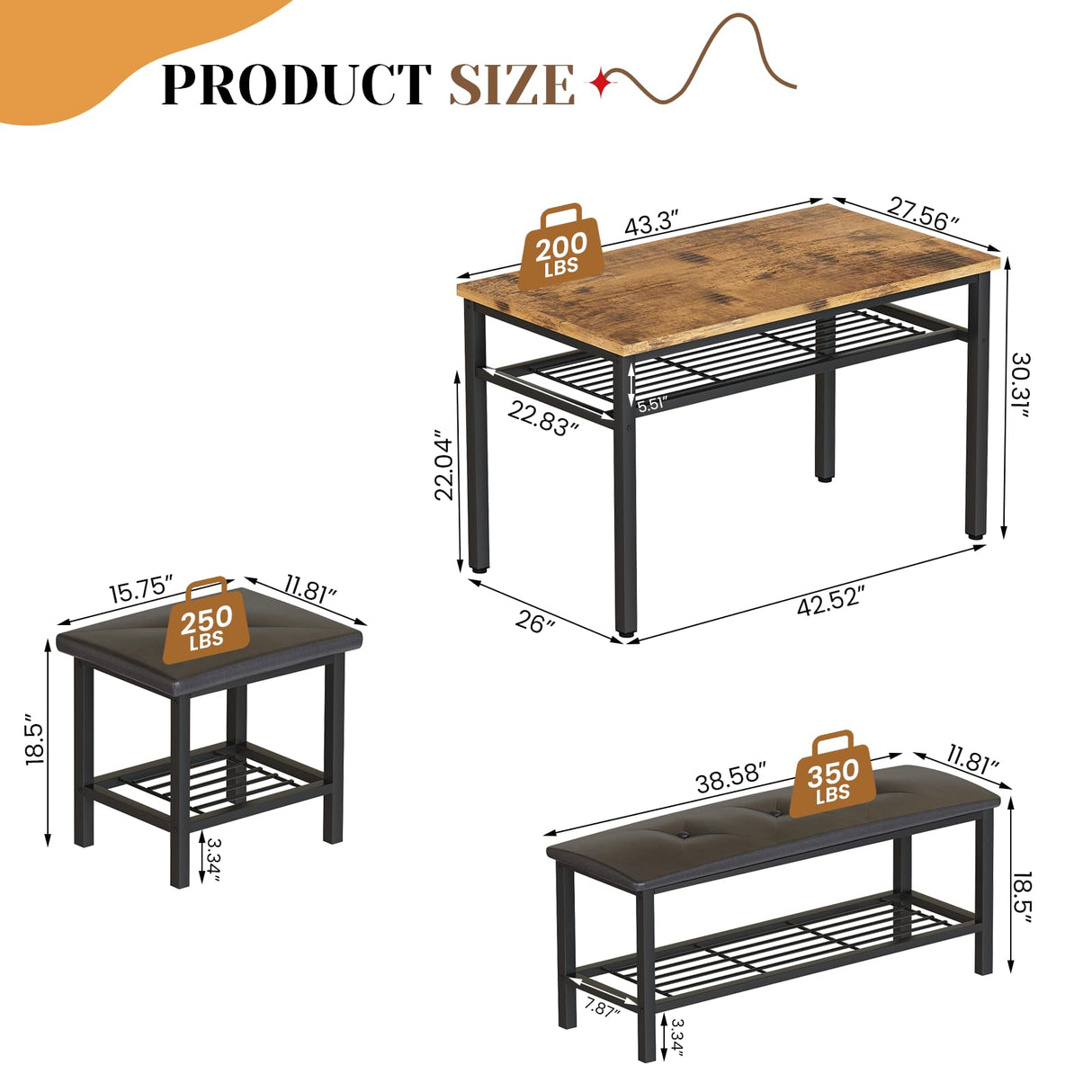 Kitchen Tables Set for 4, Rectangular Dining Room Table Set with Bench and Stools, 4