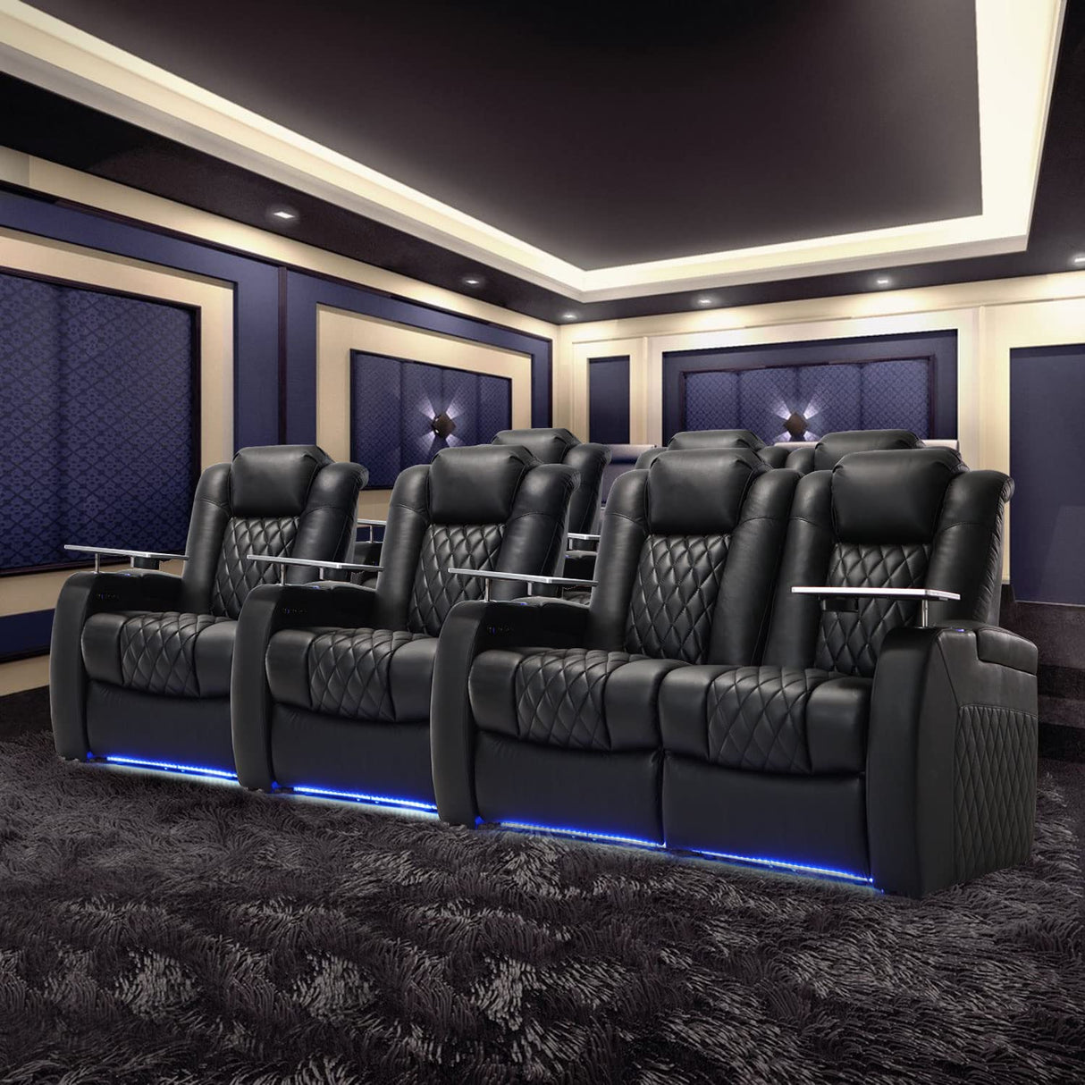 Home Theater Seating Top Grain Leather Recliner Chair Dual Power Movie Gaming