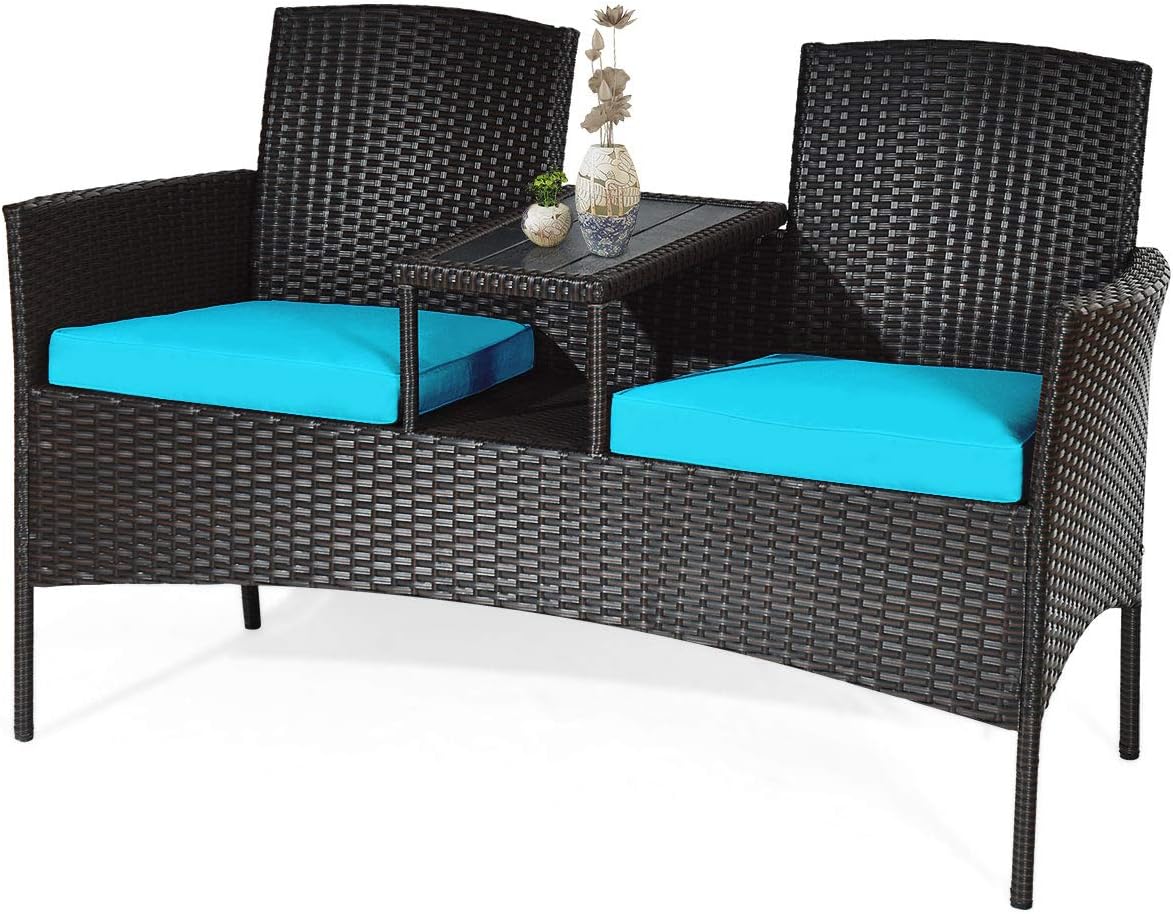 Outdoor Rattan Loveseat, Patio Conversation Set with Cushions & Table