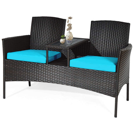 Outdoor Rattan Loveseat, Patio Conversation Set with Cushions & Table