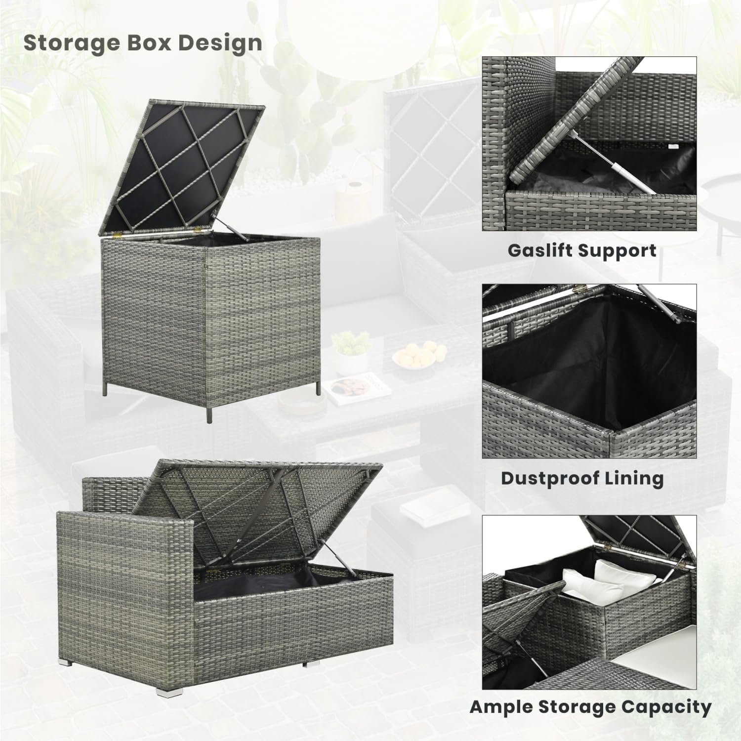 AEDNX Wicker Outdoor Patio Furniture Set with Storage, 6 Piece Patio Sofa Set with Ottoman Stool, Patio Conversation Sets Comforatable for Garden Yard (Grey Wicker and Beige Cushion, One Size)