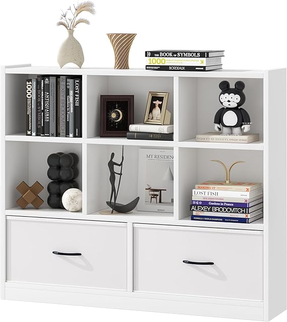 3-Tier Mid-Century Modern Wood Bookcase,White Minimalist 7-Cube Bookshelf