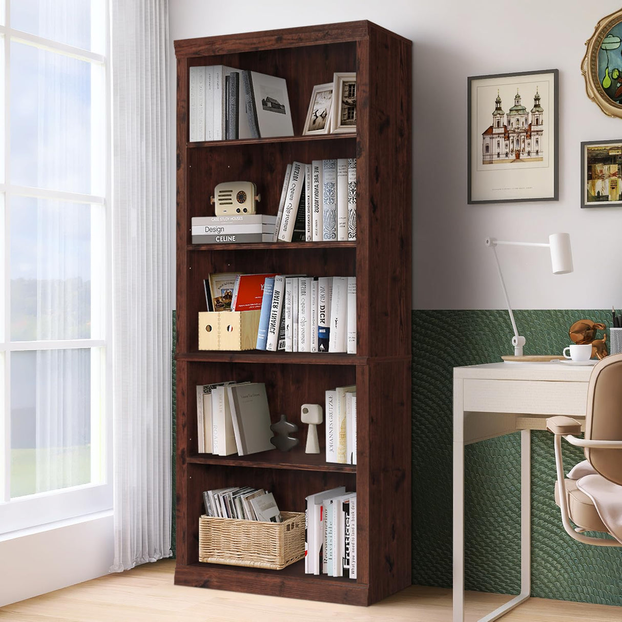 Bookshelf - Tall Bookcase with 5 Storage Shelves, Freestanding Display Book Shelf for Living Room, Bedroom, Home Office Library, Child Room,Cherry