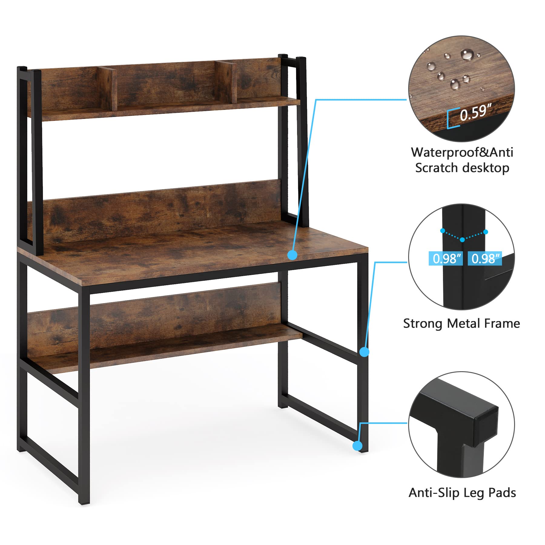 Computer Desk with Hutch, Wooden Small 42-inch Desk, Industrial Simple Office Desk with Storage Space for Home Office