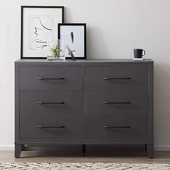 Bedroom-Six Drawer-Modern Design-Easy Assembly, Black Dresser, 55x35x16 inches