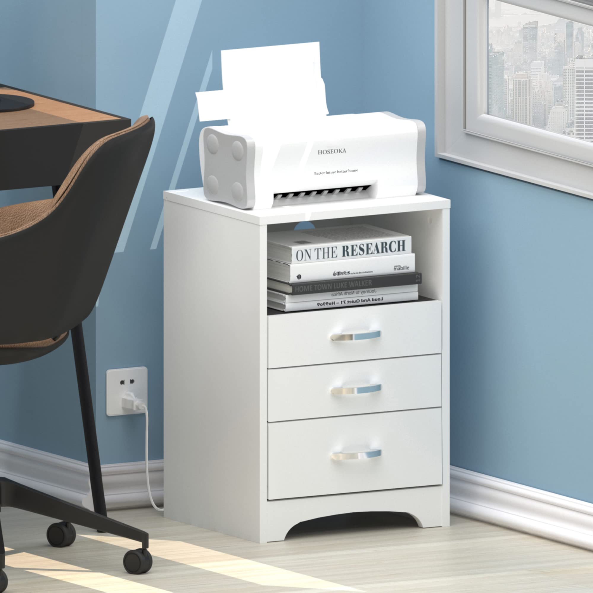 White Nightstand with Charging Station, Modern End Side Table with 3 Drawers, Wooden