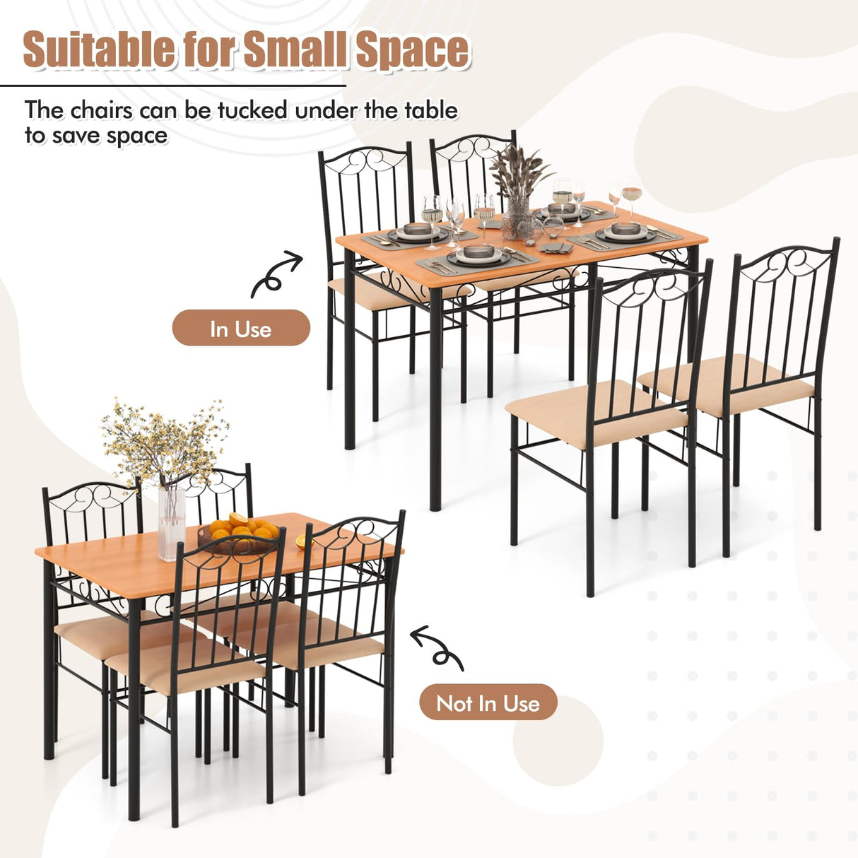 5-Piece Dining Table Set, Rectangular Dining Table with 4 Cushioned Chairs