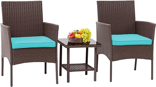 3 Piece Outdoor Furniture Set Patio Brown Wicker Chairs Furniture Bistro Conversation