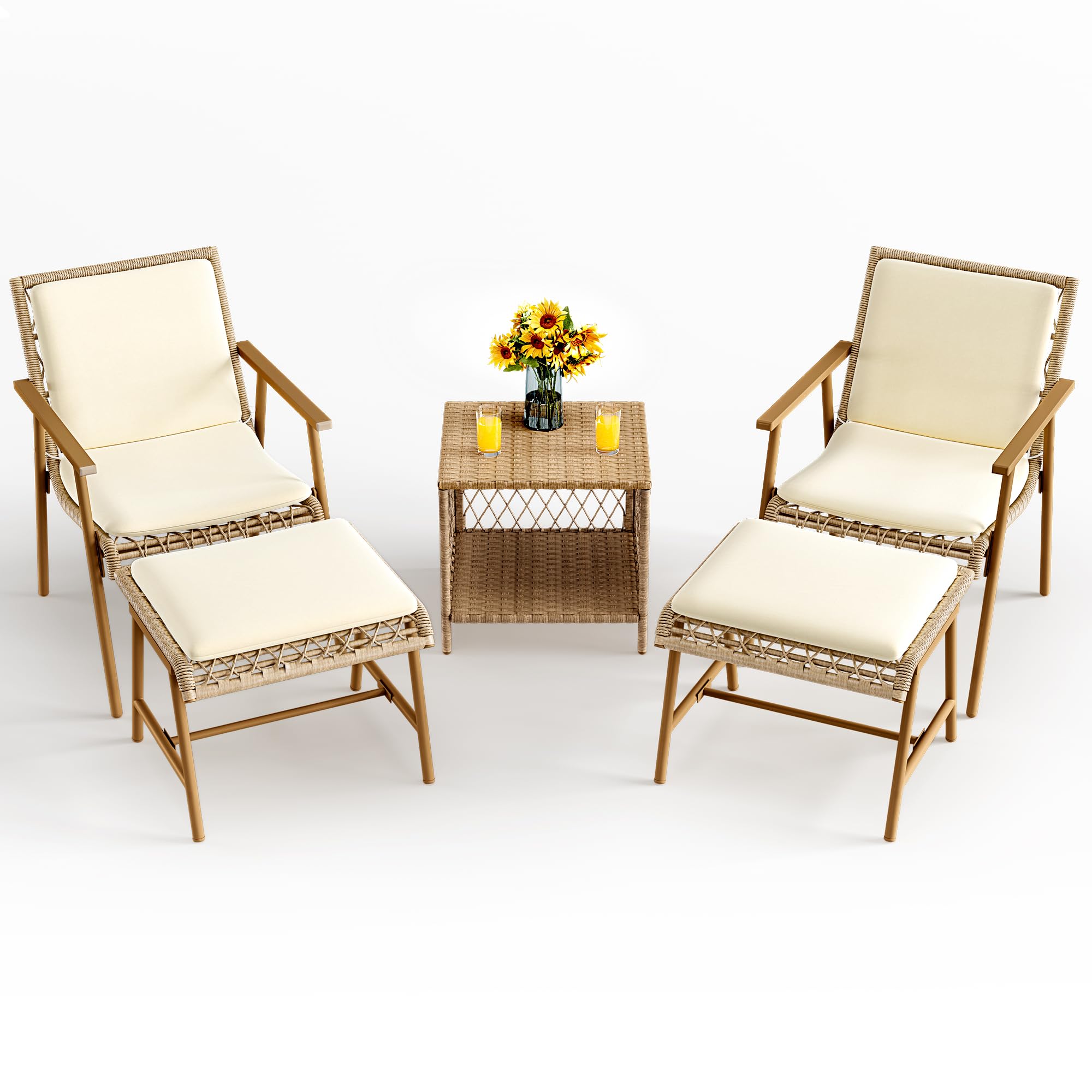 3 Pieces Conversation Bistro Set with Ottoman, All-Weather Patio Bistro Set with Footrest