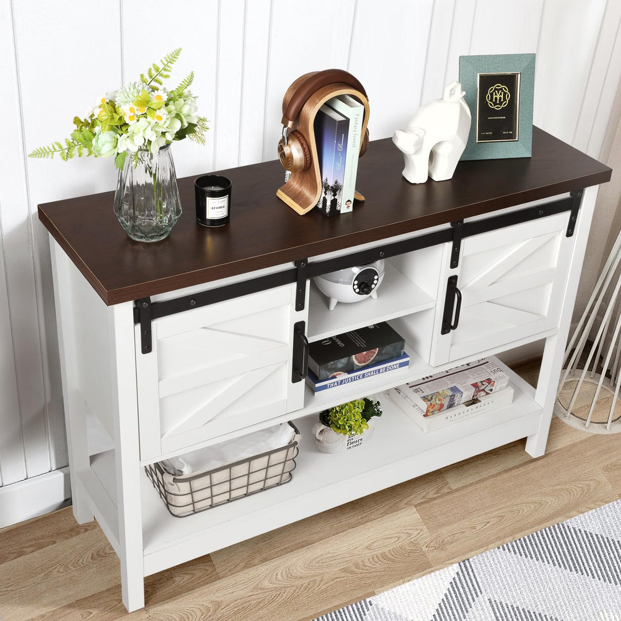 Console Table with Sliding Barn Doors, 46" Farmhouse Entryway Table