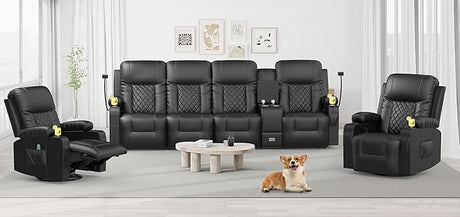 Recliner Sofa Set, 4 Seater Double Reclining Sofa with 2 Pieces Recliner Chair